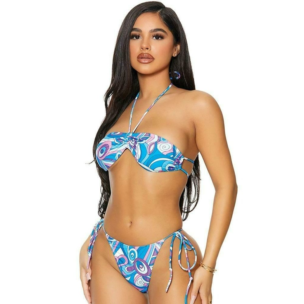 FORPLAY String Bikini Set Strappy Halter Top Gathered Cups Thong Bottoms Blue 44